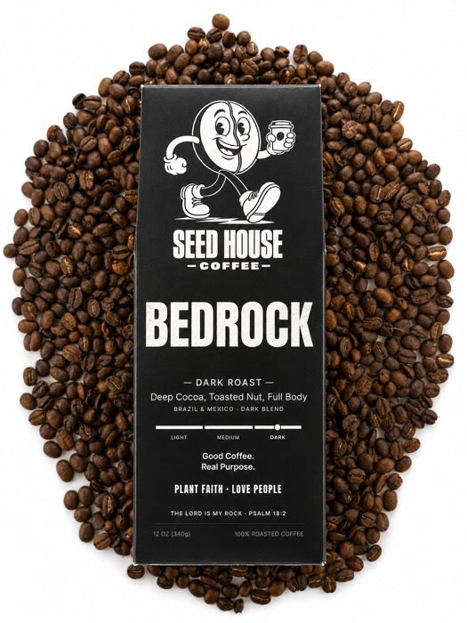 Bedrock bag on a bed of coffee beans