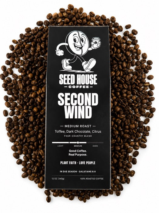 Second Wind bag on a bed of coffee beans