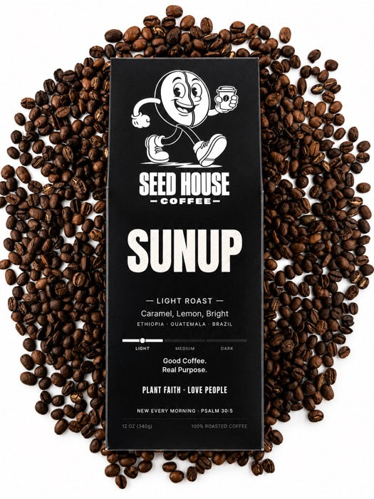 Sunup bag on a bed of coffee beans